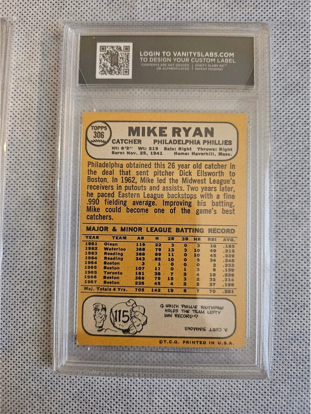 1968 Topps Vanity Slab Baseball Card - Mike Ryan #306 - Phillies - NM